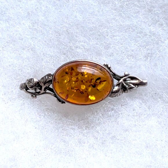 Vintage Sterling Silver 925 Baltic Honey Amber Rose Leaf Leaves Pin Brooch - Picture 5 of 7